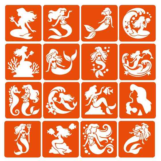 Набір трафаретів для біо-тату "Русалки" mermaids-6x6-16, 16 трафаретів Вінниця