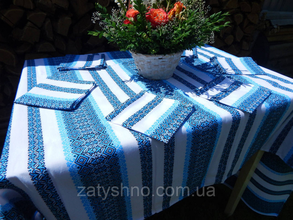 Синя скатертина вишита і серветки Київ - фото 4