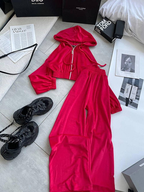 Женский прогулочный оверсайз костюм двойка: кофта и штаны турецкий велюр. Красный Одесса - изображение 8