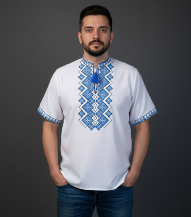 Чоловіча сорочка-вишиванка в святковому стилі з синім орнаментом Київ