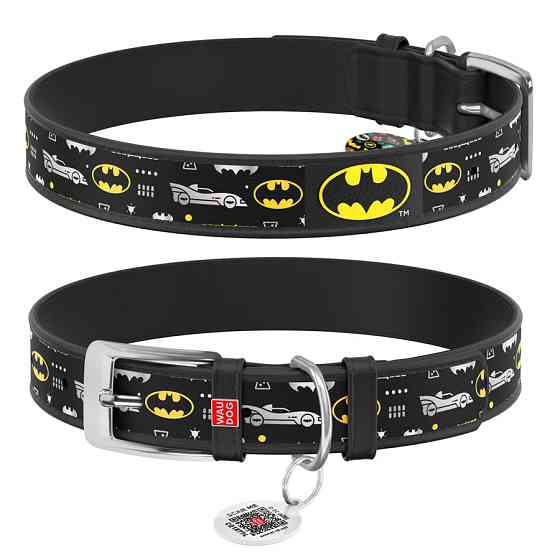 Нашийник для собак шкіряний WAUDOG Design з QR-паспортом, малюнок "Бетмен3", Ш 12 мм, Д 20-28 см чорний Вінниця