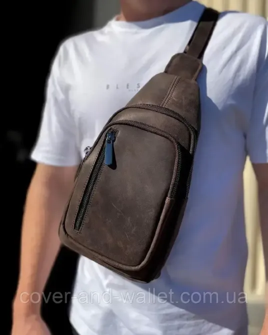 Стильный мужской слинг коричневого цвета из винтажной кожи Puos Киев - изображение 7