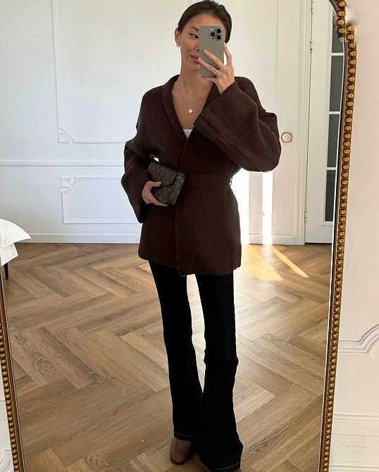 Женский теплый трикотажный оверсайз кардиган с поясом ангора рубчик Шоколад Одесса - изображение 3