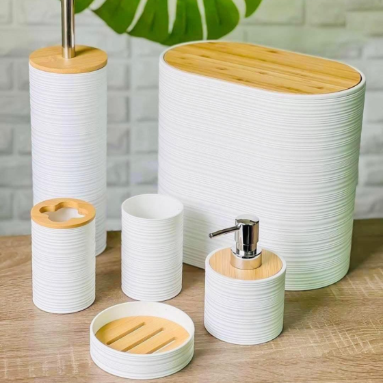 Набор аксессуаров 6в1 для ванной комнаты и душа, урна,дозатор для мыла, мыльница, стаканы,ёршик белый Каменец-Подольский