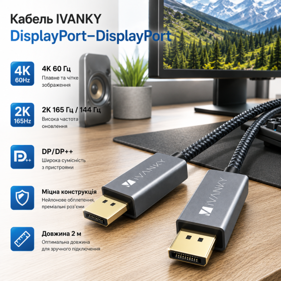 Кабель IVANKY DisplayPort–DisplayPort 2 м, 4K 60 Гц, 2K 165/144 Гц, DP/DP++ для монитора и ПК Киев