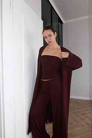 Жіночий базовий костюм-трійка: кардиган топ і штани турецька віскоза Шоколадний Одеса