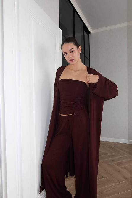 Жіночий базовий костюм-трійка: кардиган топ і штани турецька віскоза Шоколадний Одеса - фото 4