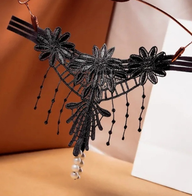 Трусики з намистинками та квітками чорні - розмір універсальний, резинка до 84см Київ - фото 1