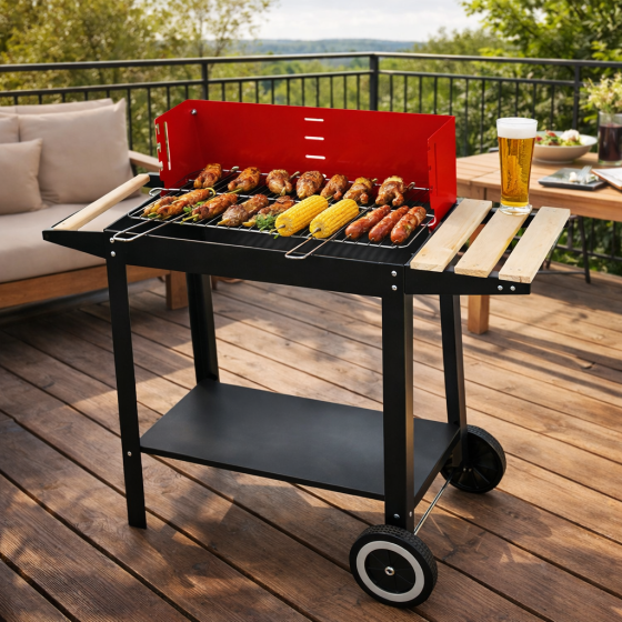 Угольный садовый мангал (гриль) на колесах с крышкой, решеткой, полками и аксессуарами (Польша) Киев