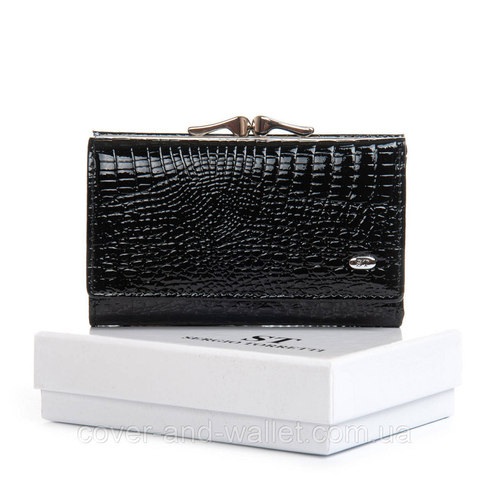 Лаковий жіночий гаманець невеликого розміру чорного кольору ST Leather Київ - фото 2