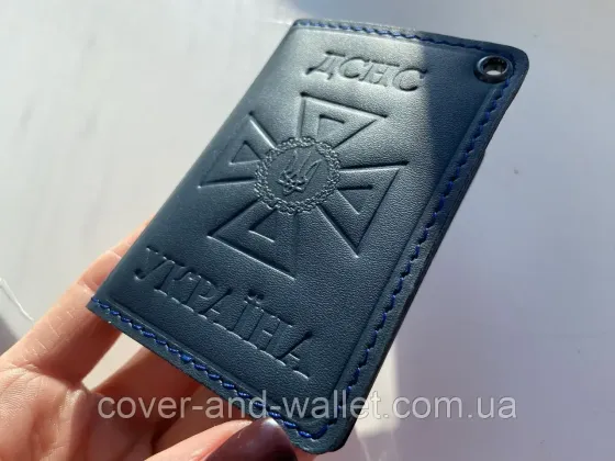 Обкладинка шкіряна на посвідчення ДСНС з шевроном синього кольору P_Leather Київ