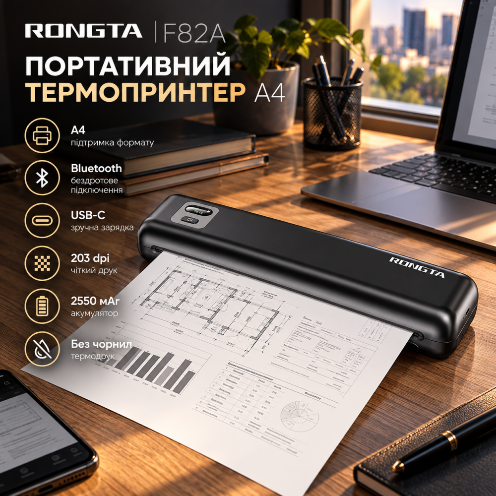 Портативний термопринтер Rongta F82A A4, Bluetooth, USB-C, 203 dpi, акумулятор 2550 мАг, без чорнил, чорний Київ - фото 1