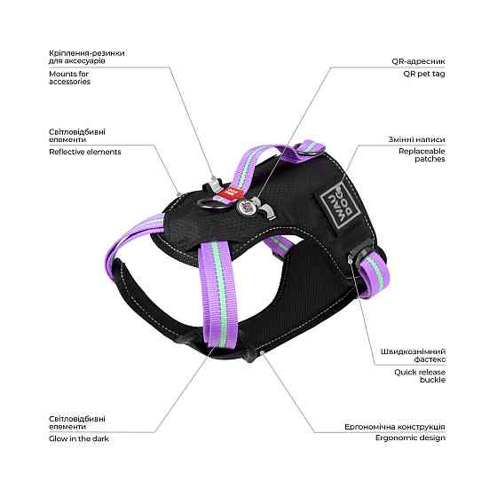 Шлея для собак безпечна WAUDOG Nylon з QR паспортом, металева пряжка-фастекс, S, Ш 20 мм, А 35-60 см, В 55-65 см фіолетовий Київ