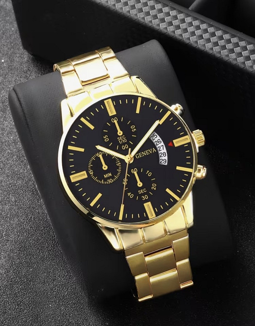 Подарочный набор для мужчин наручные часы с датой с браслетом кулоном и кольцом золотистый Киев - изображение 3