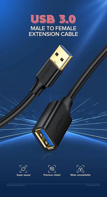 Подовжувач UGREEN US129 USB 3.0 Extension Male Cable 1.5m (Black)(UGR-30126) (UGR-30126) Киев - изображение 2