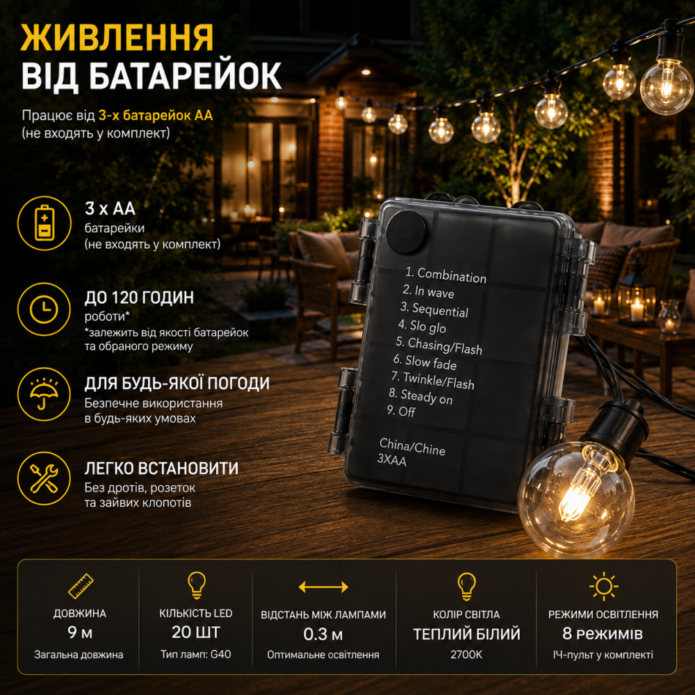 Светодиодная гирлянда G40 9 м 20 LED, теплый белый свет, 8 режимов, пульт ДУ, 3×AA, IP44 Киев - изображение 3