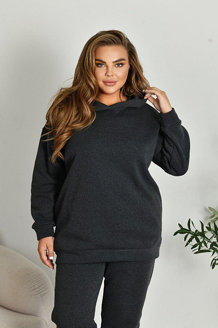 Женский прогулочный костюм: худи и штаны батал в спортивном стиле трехнитка на флисе Графит, 60/62 Одесса - изображение 4