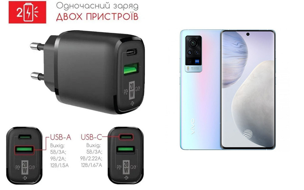 Сетевое зарядное устройство для Vivo X60 Pro+, 20W 3A, Quick Charge 3.0 Киев - изображение 1