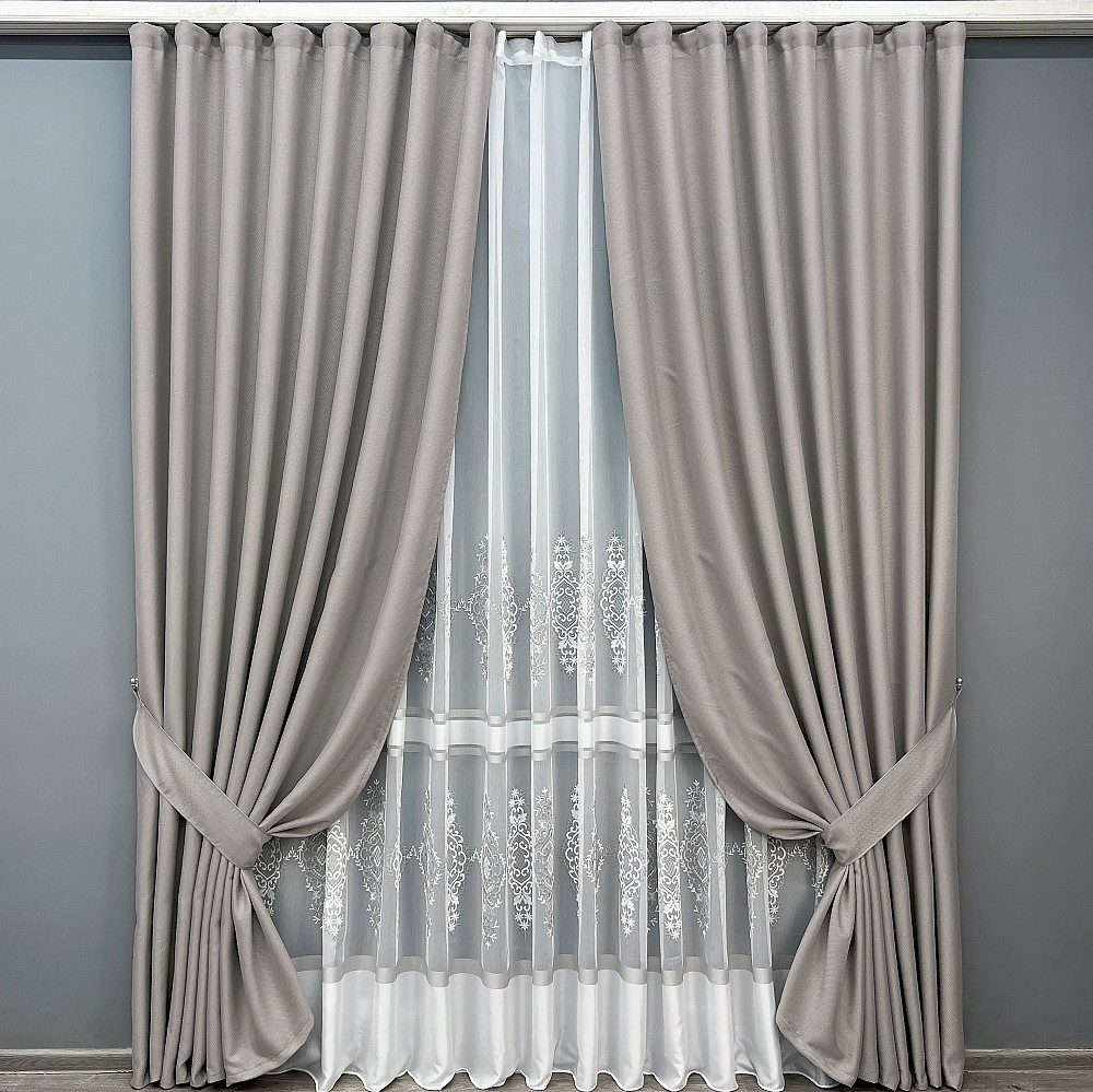 Комплект штор VR-Textil Лен Мешковина 200х270 2шт и Тюль 600х270 867ш-1701т Светло-серый с белым 71-179/7 Киев - изображение 1