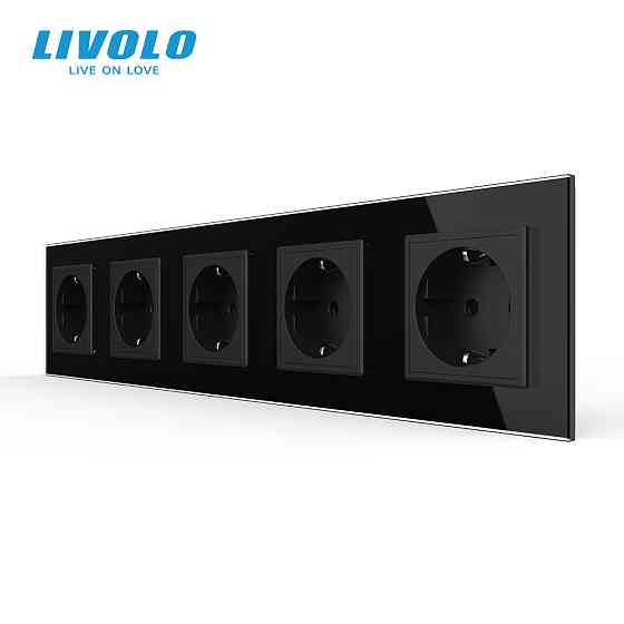 LIVOLO П’ятимісна електрична розетка з заземленням LIVOLO, чорна, скляна матова рамка, шторки, Коломыя