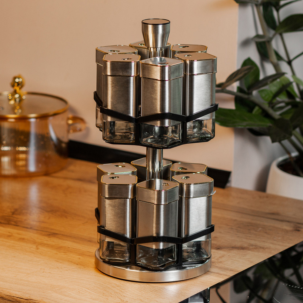 Набір для спецій на підставці 12 баночок по 120 мл, хром із золотом HP1321 Коломыя - изображение 6