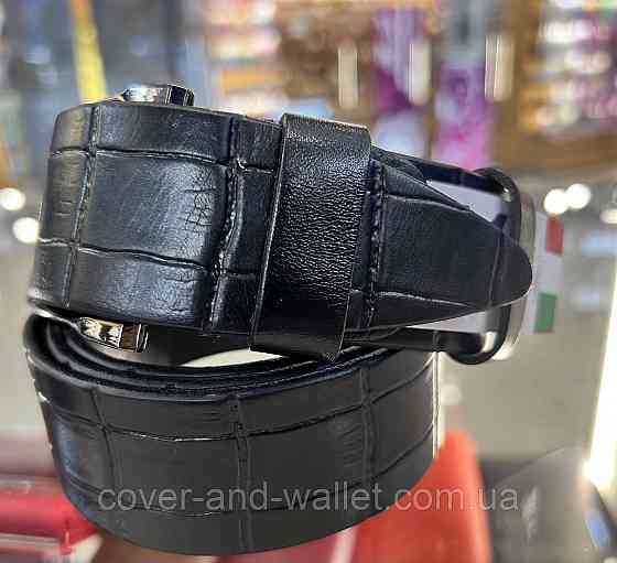 Широкий чоловічий ремінь із італійської шкіри з фактурою під крокодил (чорний)  40 мм PS Leather Київ