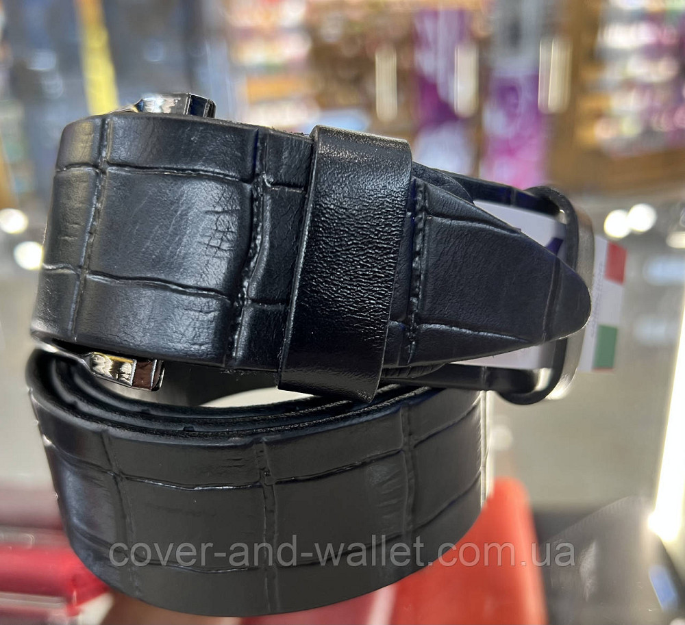 Широкий чоловічий ремінь із італійської шкіри з фактурою під крокодил (чорний)  40 мм PS Leather Київ - фото 4