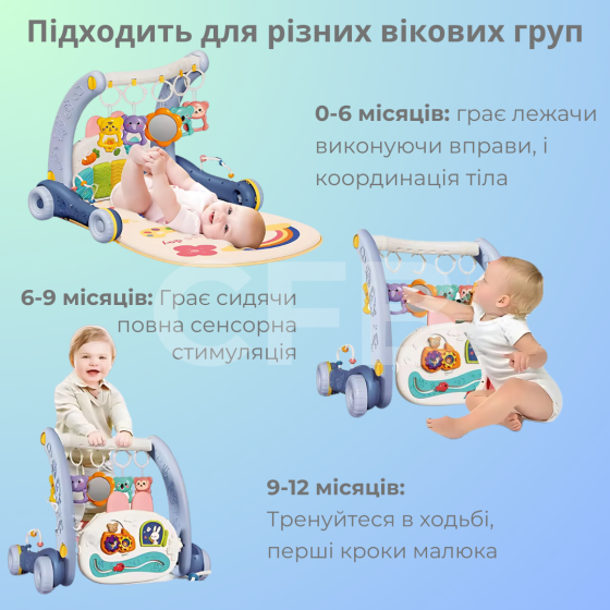 Дитячий розвиваючий килимок ходунки 2в1 коврик для немовлят музичне піаніно, каталка, світловий прое Київ