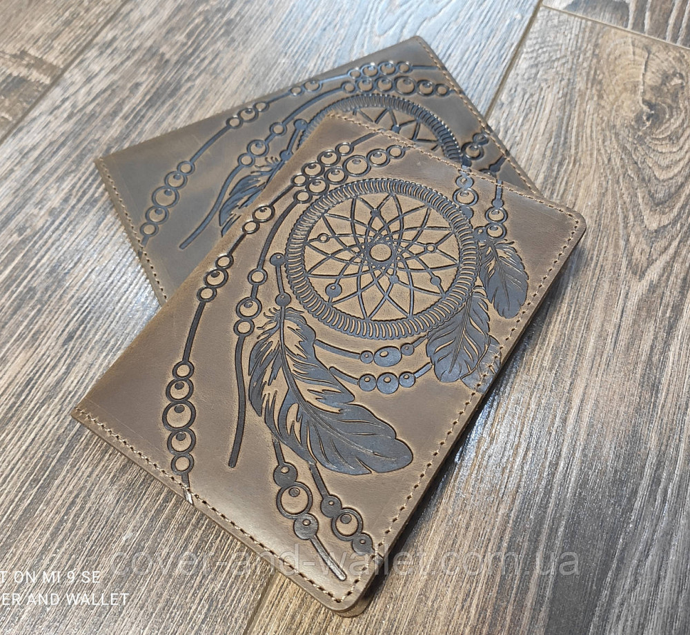 Вінтажна шкіряна обкладинка на паспорт з тисненням Ловця Снов (dreamcatcher) SHVIGEL коричневий Київ - фото 1