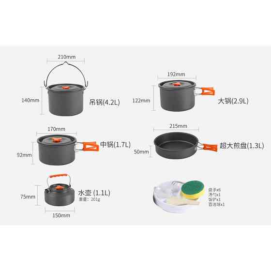 Набір туристичного посуду (каструля з кришкою, сковорідка, 2 тарілки, ложка, черпак та губка) BRS-151, алюміній Київ