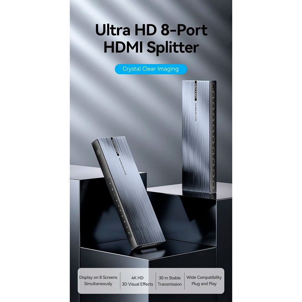 Сплітер Vention 4K 1x8 HDMI Splitter Black Aluminum Alloy Type EU Standard Київ - фото 2