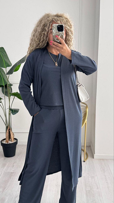 Женский базовый прогулочный костюм тройка: кардиган футболка и штаны трикотажный рубчик Графит, 42/44 Одесса - изображение 10