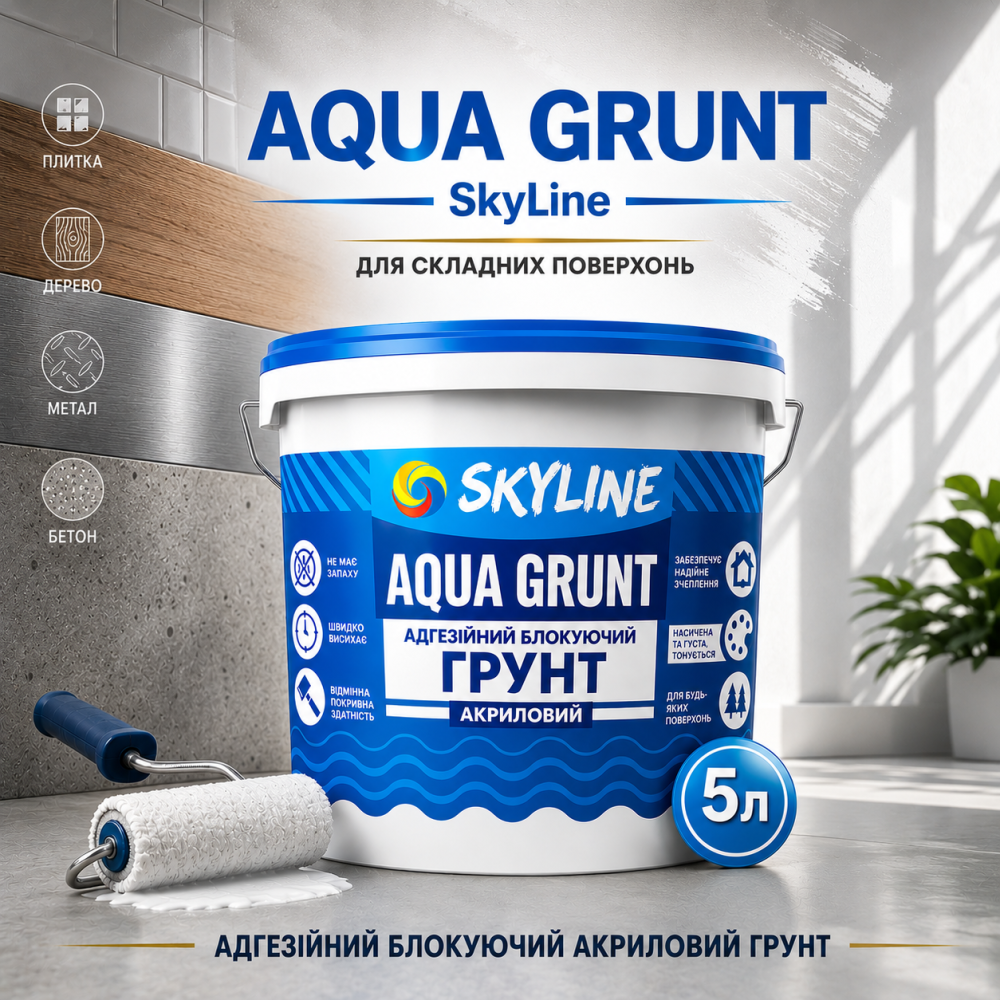 Ґрунтовка акрилова адгезійна блокувальна Skyline Aqua Grunt, біла, без запаху, для фарбованих поверхонь, 5 л Харків - фото 7