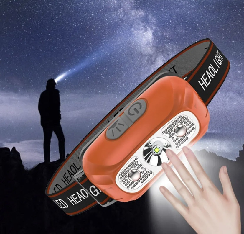 Налобный фонарик на аккумуляторе с зарядкой USB, оранжевый, фонарь для рыбалки,фонарик на голову, 4 режима Киев - изображение 1