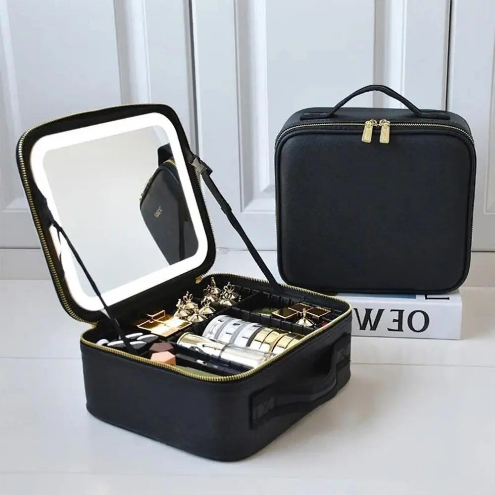 Косметичка дорожня з LED дзеркалом (26х23х11см), Чорна / Портативна косметичка-валіза / Органайзер для косметики Київ - фото 2