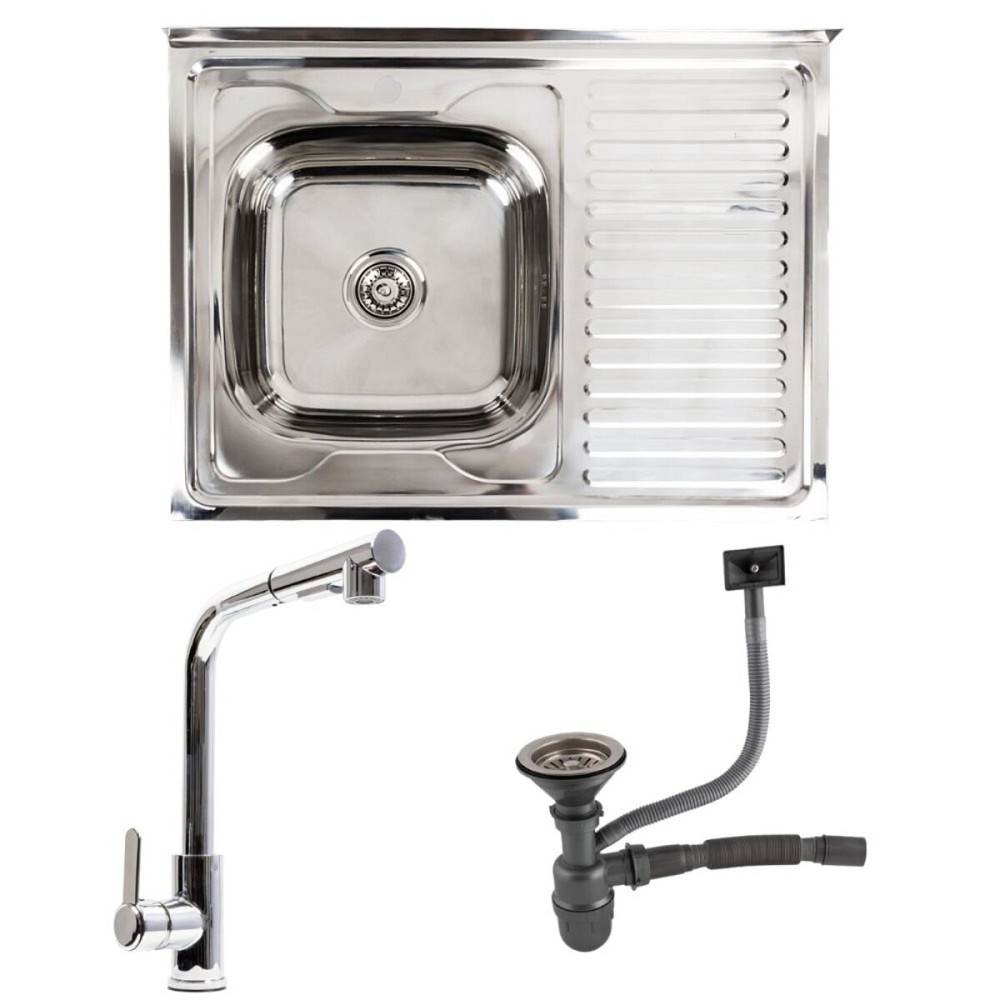 VALESO Кухонний комплект: Мийка Valeso (80x60 см) полірована, з лівою чашею + Змішувач FC-1 з в Коломия - фото 1