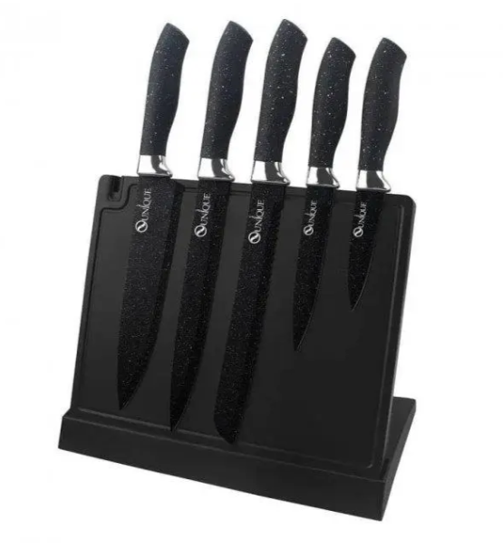 Набор кухонных ножей UNIQUE UN-1841 с магнитной подставкой чёрный Одесса - изображение 3