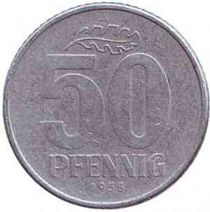 Монета 50 пфеннигов. 1958 год, ГДР. (Г) Полтава