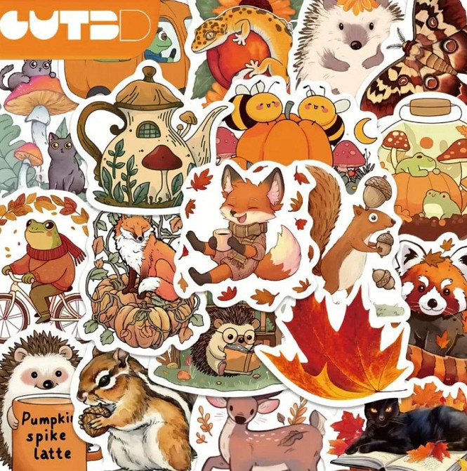 Осінні веселі наклейки з твариними, осінні стікери, Водонепроникні вінілові наклейки для Пляшки Води Київ - фото 1