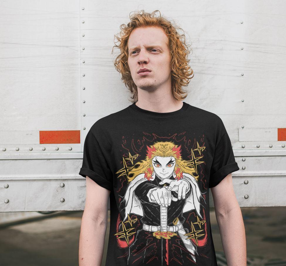 Футболка з аніме принтом Кйоджуро Ренгоку Слайер Демон оверсайз (S/M/L) Чорний AnimeJ0817 Дніпро - фото 2
