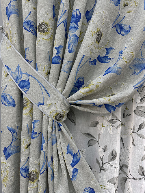 Комплект штор VR-Textil Лен Прованс 100х270 2шт и Тюль 400х270 2078ш-1681т Светло-серый с синим и белым 71-207/2 Киев - изображение 4