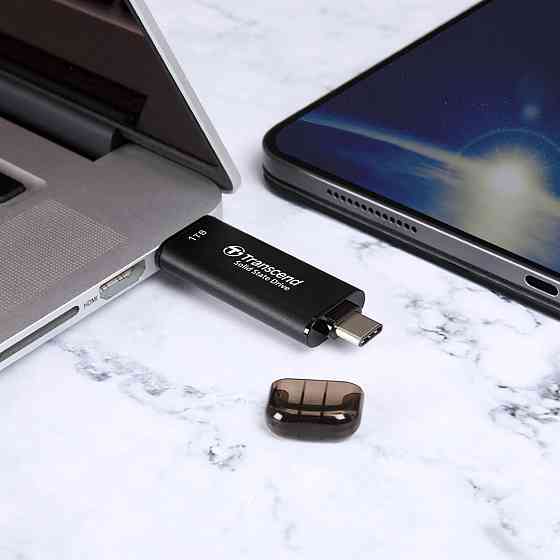 Зовнішній SSD Transcend ESD310 128GB чорний Dual‑port USB‑C/A 10Gbps до 1050 МБ/с сумісний з iPhone 15/16/17 Android кабель Київ