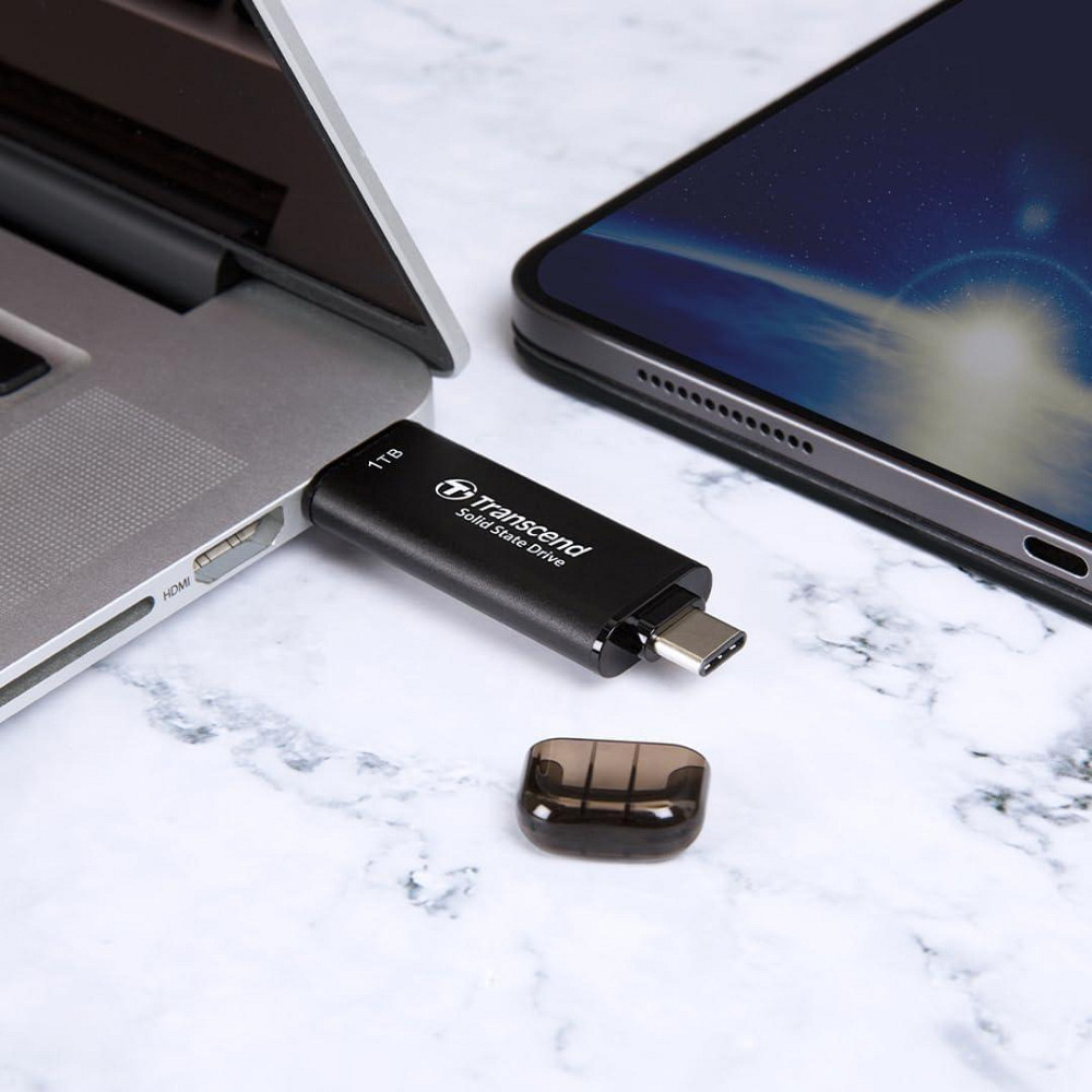 Зовнішній SSD Transcend ESD310 128GB чорний Dual‑port USB‑C/A 10Gbps до 1050 МБ/с сумісний з iPhone 15/16/17 Android кабель Київ - фото 5