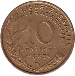 Монета 10 сантимів. 1962 - 2001 рік, Франція. Полтава - фото 1