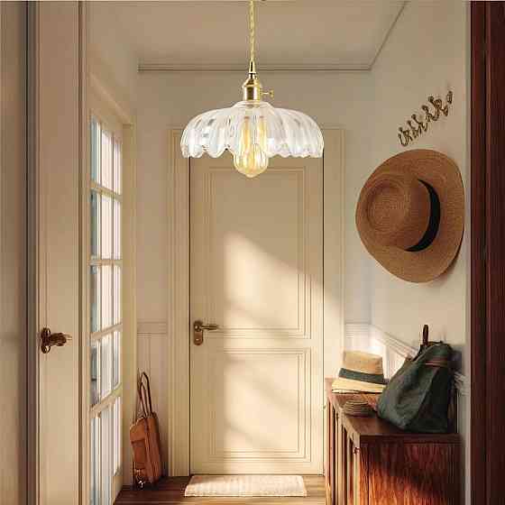 Подвесной светильник люстра 25см стеклянный абажур лотос в винтажном стиле с латунным патроном E27, прозрачный Киев