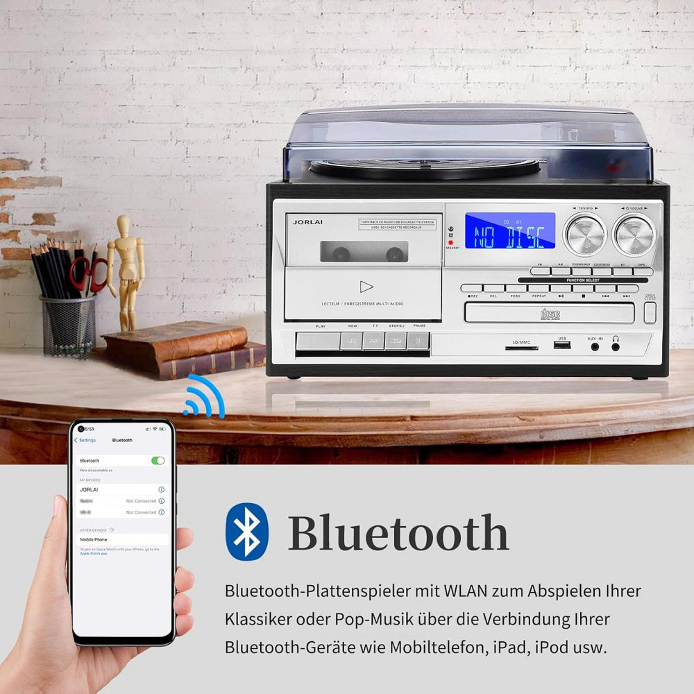 УЦЕНКА! Винтажный проигрыватель пластинок винила JORLAI T408 с пультом Bluetooth/CD/кассета/AM/FM радио/USB/SD/MMC/3.5 мм/Aux-in Днепр - изображение 5