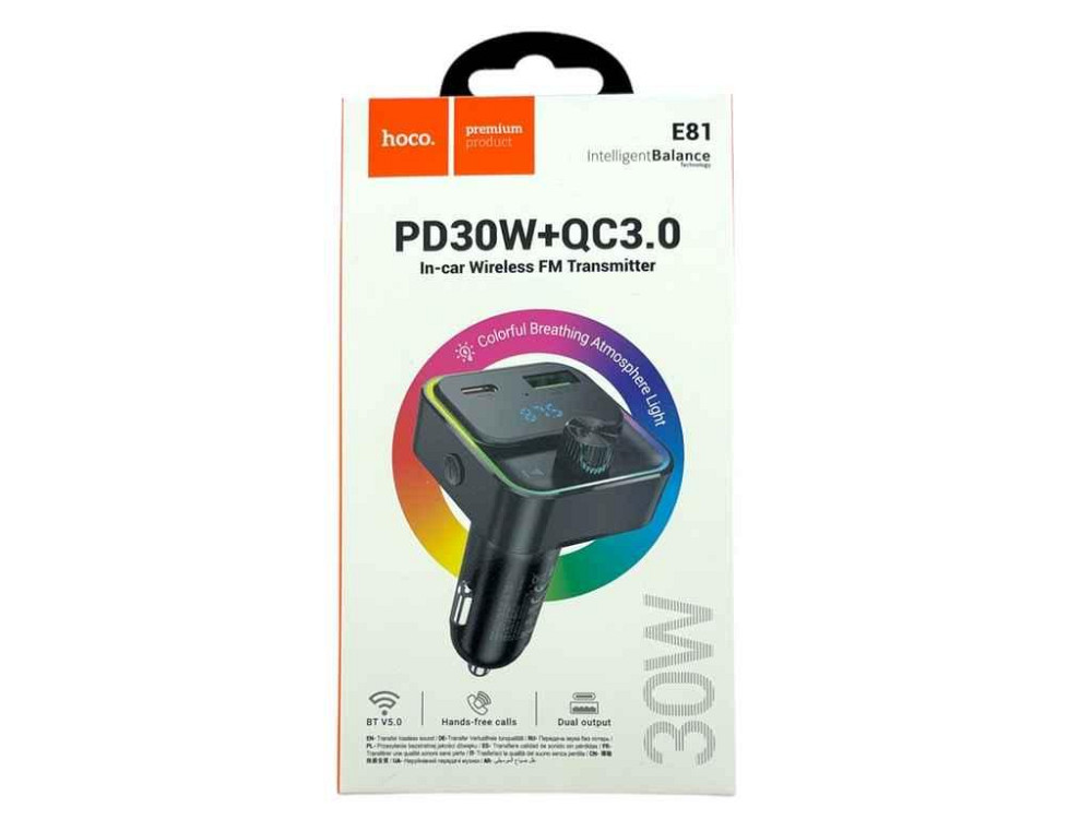FM Модулятор E81 12-24V/1USB/PD30W/QC3.0/RGB ТМ Hoco Київ - фото 1