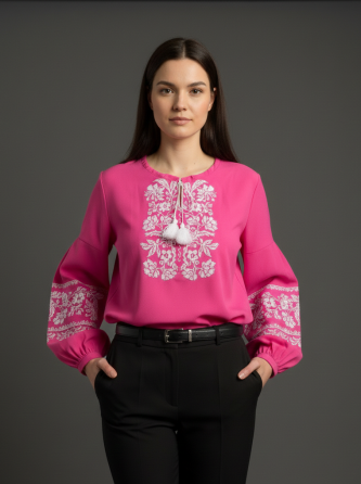 Шифонова жіноча блуза вишиванка в рожевому малиновому кольорі 42 Київ