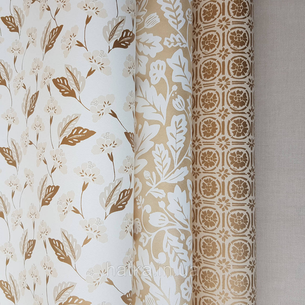 Шпалери вінілові на флізелін Caselio Mystery 0.53х10 м маленькі яскраві квіти листя бежеві золотисті на білому Київ - фото 3