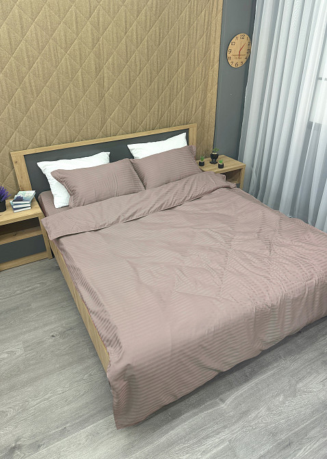 Комплект постільної білизни Страйп-сатин Євро 200х230 з простирадлом на резинці Сіро-бежевий (88-184) Київ - фото 4